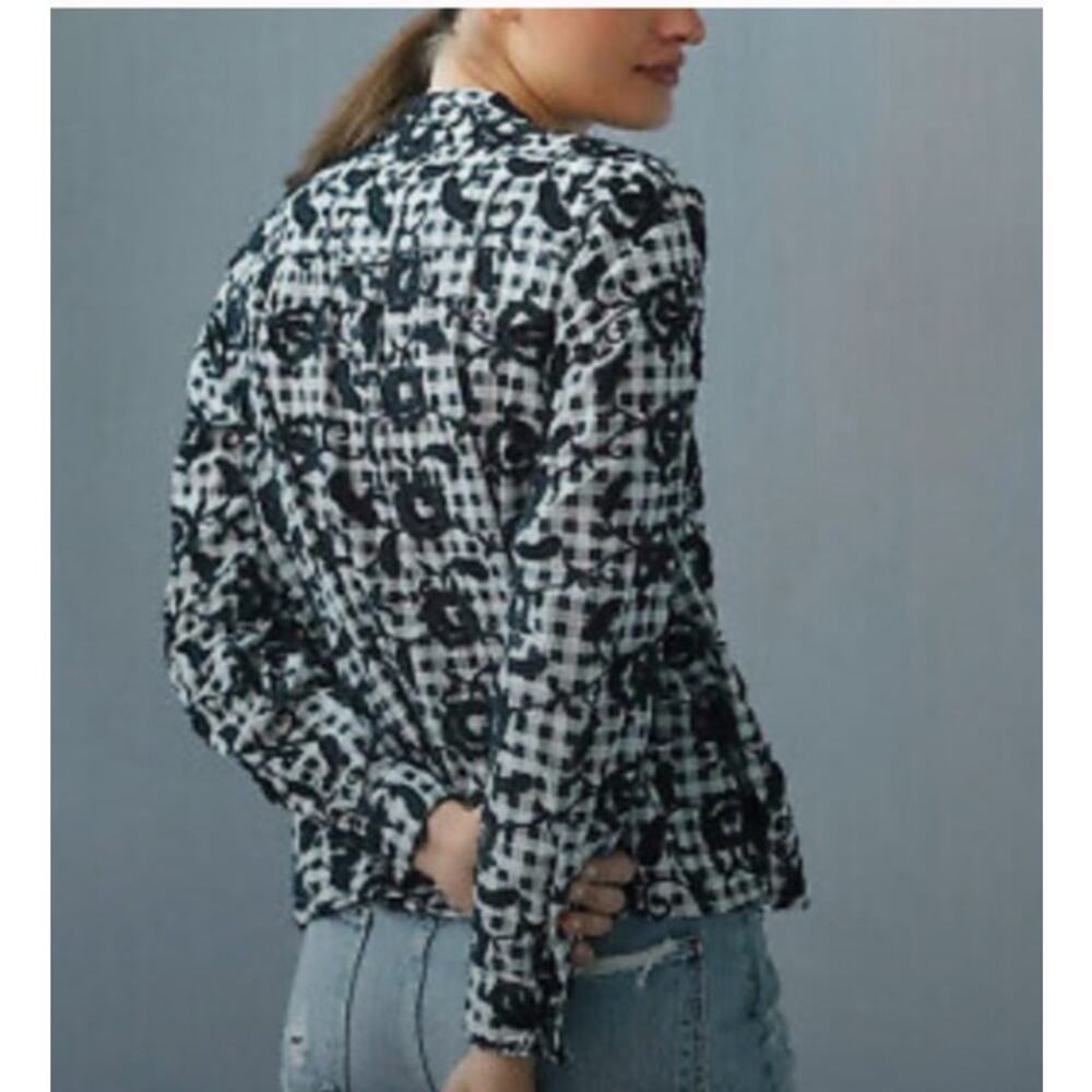Anthropologie Pilcro Black and White gingham with embroidered floral button up - Picture 9 of 10